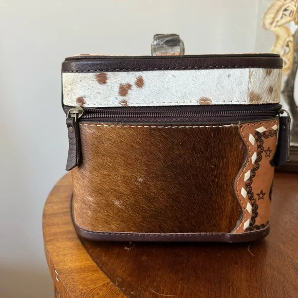real cow hide and tooled leather jewelry box - brand new